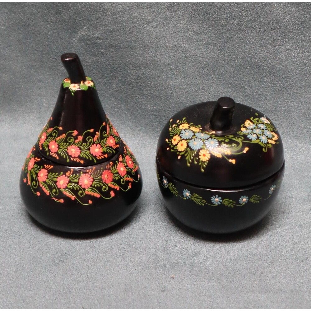 Vintage Russian Lacquer Fruit Trinket Boxes Pear & Apple